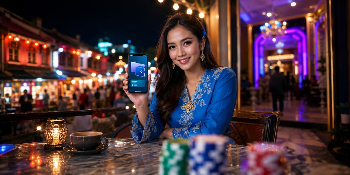 A female player in baju kurung using a mobile phone to claim a bonus at chelsea88 Melaka